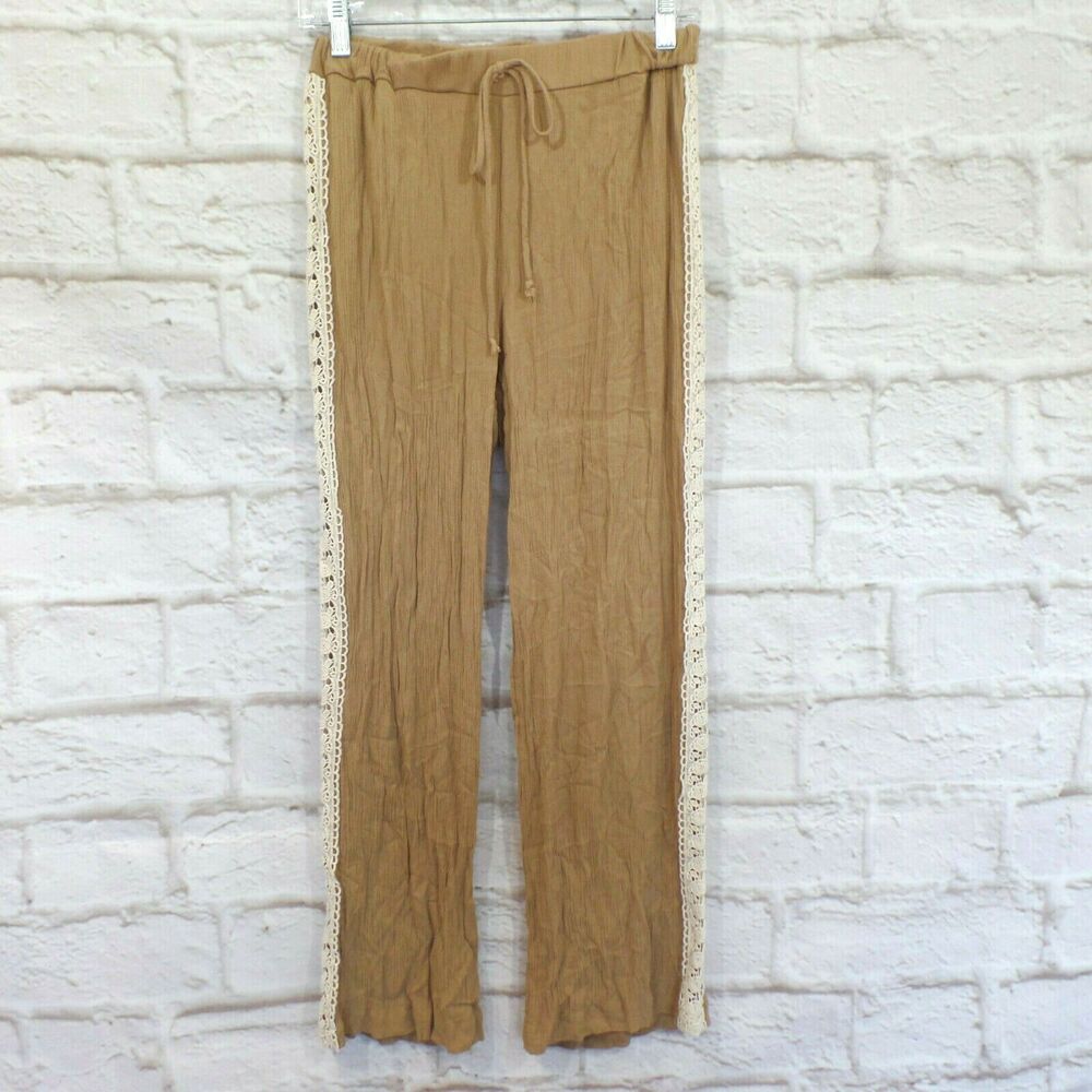 A'gaci Women's Light Brown Crinkle Fabric with Lace Trim Pants Size M